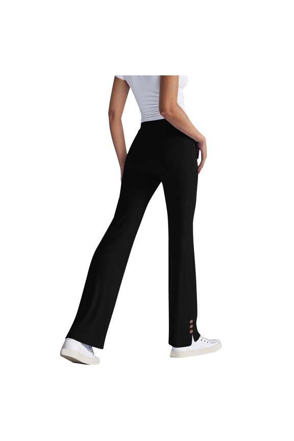 Women's Drawstring Split Hem Casual Sports Pants - Solid Color Pocket Button Design, Black Size XL