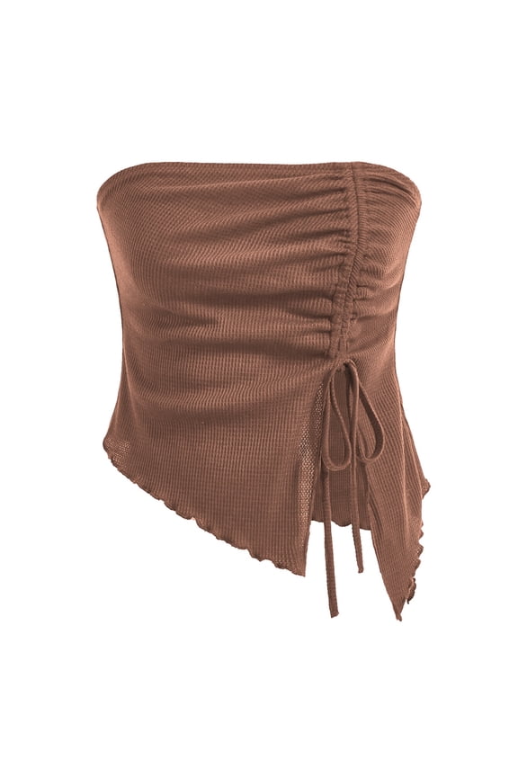 Women's Drawstring Split Irregular Lattice Slim Solid Color Strapless Vest Top Womens Strapless Bandeau Tube Summer Mini Dress Loose Tops Beach Bathrobe Women Sequin Top Long Sleeve Eye Glass Holder