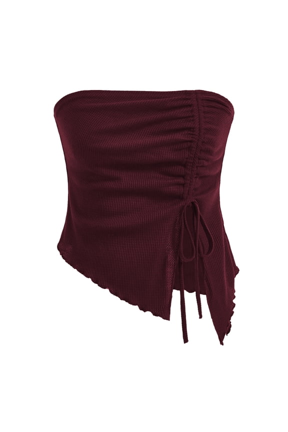 Women's Drawstring Split Irregular Lattice Slim Solid Color Strapless Vest Top Womens Strapless Bandeau Tube Summer Mini Dress Loose Tops Beach Bathrobe Women Sequin Top Long Sleeve Eye Glass Holder