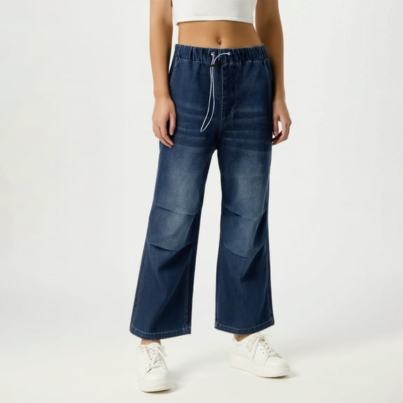 Women's Drawstring Straight Leg Jeans Elastic Mid Rise Wash Pleated Detail Denim Jeans 18 plus plus Size Women Mod Mom Control Too Pants Previously Viewed Olive Clothes for Women Jean Overalls for