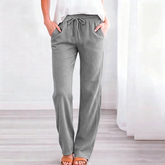 Women's Drawstring Straight Leg Pants, Texture Elastic Waist Trousers with Pockets Casual Bottoms for Everyday Travel Gray 3XL
