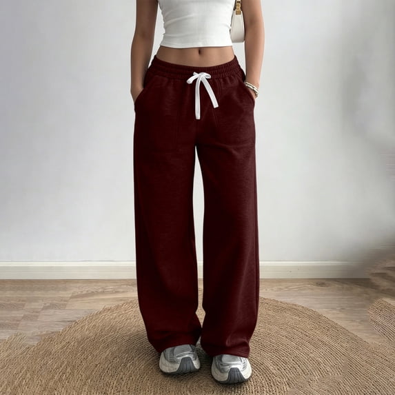 Women's Drawstring Sweatpants Baeitkot Women's Fashion Casual Solid Color Drawstring Sweatpants with Pockets Wine M