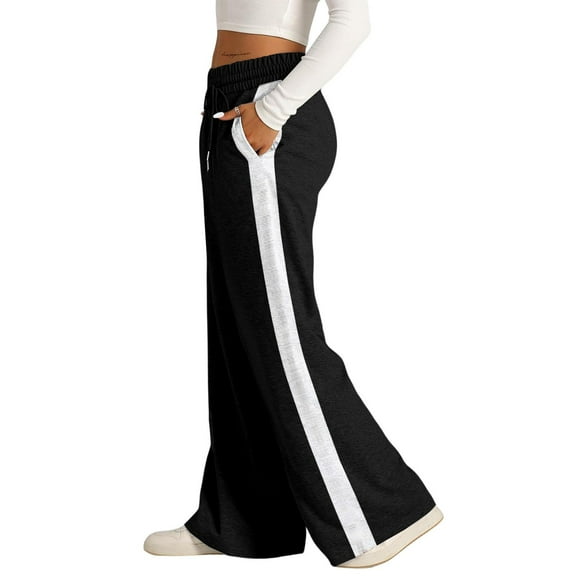 Women's Drawstring Sweatpants Side Stripe Pants Wide Leg Track Pants with Pockets Black L