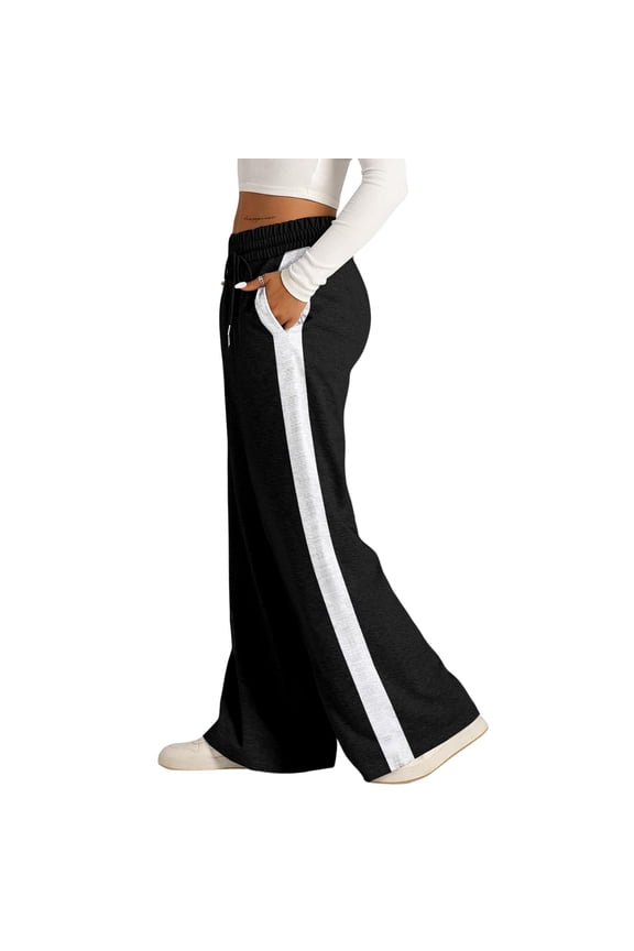 Women's Drawstring Sweatpants Side Stripe Pants Wide Leg Track Pants with Pockets Black L