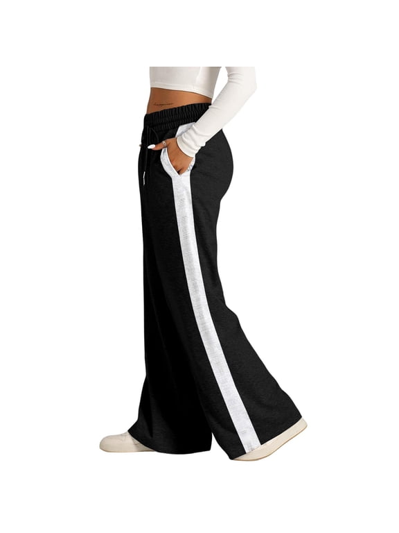 Women's Drawstring Sweatpants Side Stripe Pants Wide Leg Track Pants with Pockets Black S