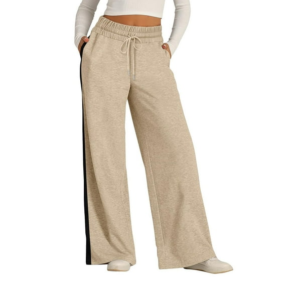 Women's Drawstring Sweatpants Side Stripe Pants Wide Leg Track Pants with Pockets Khaki L