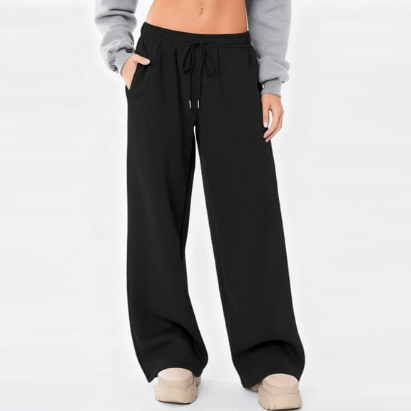 Women's Drawstring Sweatpants Wide Leg Thermal Winter Warm Baggy Sweat Pants with Pockets Black S