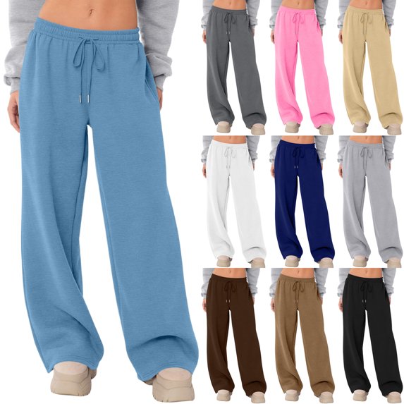 Women's Drawstring Sweatpants Wide Leg Thermal Winter Warm Baggy Sweat Pants with Pockets Khaki XL