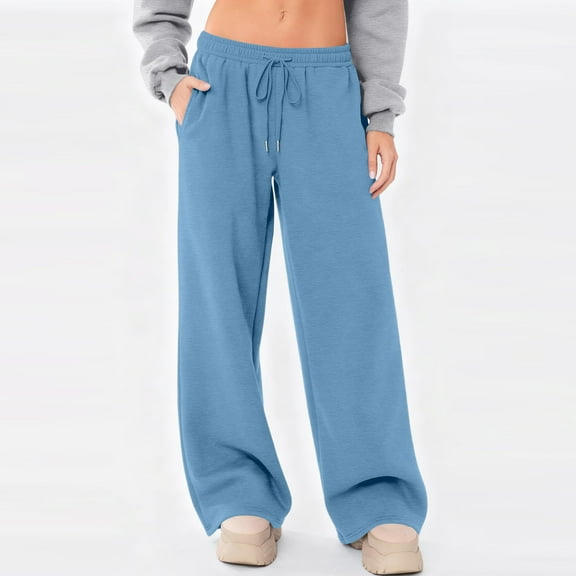 Women's Drawstring Sweatpants Wide Leg Thermal Winter Warm Baggy Sweat Pants with Pockets Light Blue S