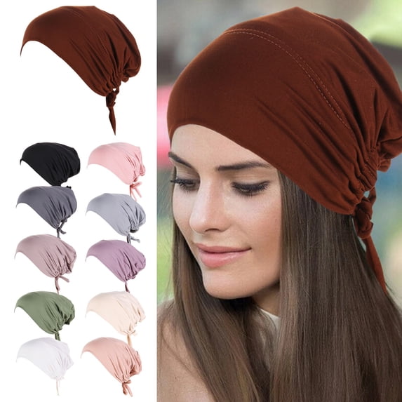 Women's Drawstring Turban Cap, Liner Cap for Cancer Chemotherapy, Muslim Head Wrap for Comfort, Medical Use, and Daily Modest Wear, Soft and Adjustable-A