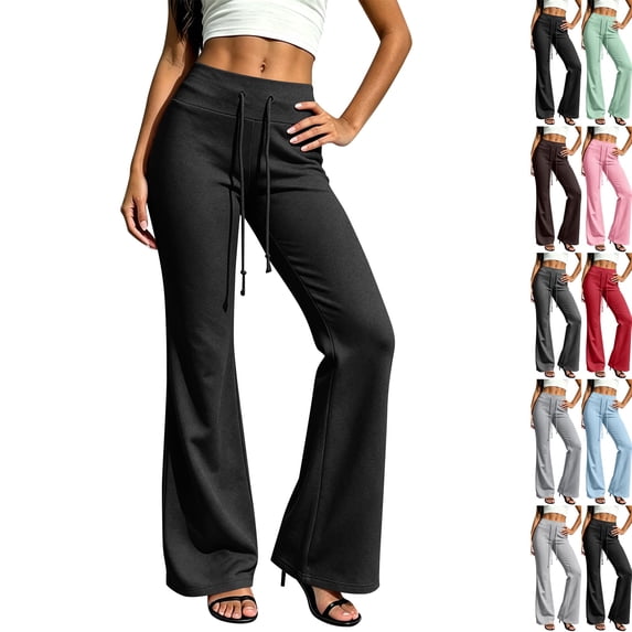 Women's Drawstring Waist Bell Bottom Flare Leg Sweatpants Sports Causal Pants 2026 Black L