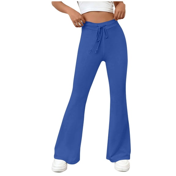 Women's Drawstring Waist Bell-Bottom Pants Flare Leg Trousers Soft High Waisted Workout Yoga Pants Loose Casual Loungewear Leggings, Women's Activewear Pants Blue XXL