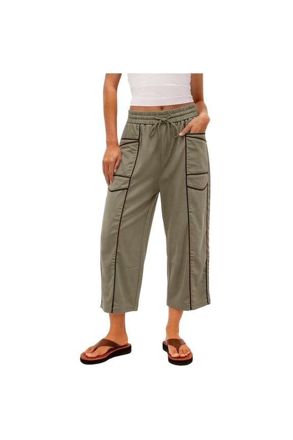 Women's Drawstring Waist Capris Sweat Pants Wide Leg Elastic Waist Casual Cropped Trousers with Multi Pockets Khaki S