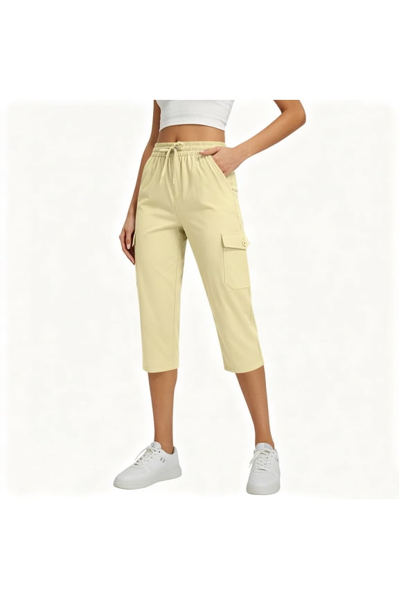 Women's Drawstring Waist Cargo Capris Lightweight Casual Outdoor Work Cropped Trousers Beige S