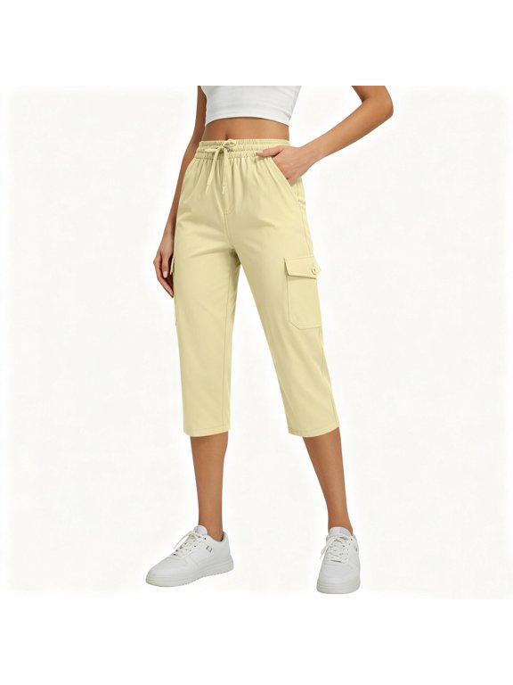 Women's Drawstring Waist Cargo Capris Lightweight Casual Outdoor Work Cropped Trousers Beige S
