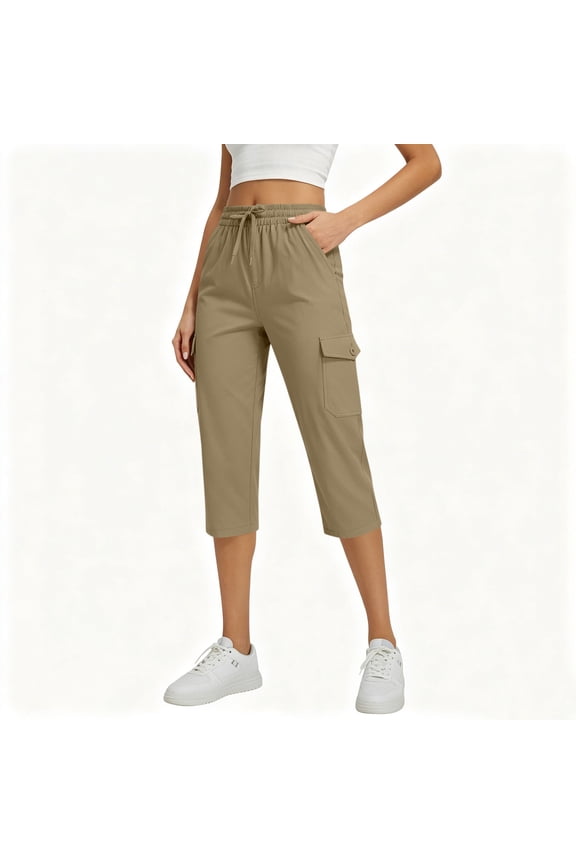 Women's Drawstring Waist Cargo Capris Lightweight Casual Outdoor Work Cropped Trousers Coffee S