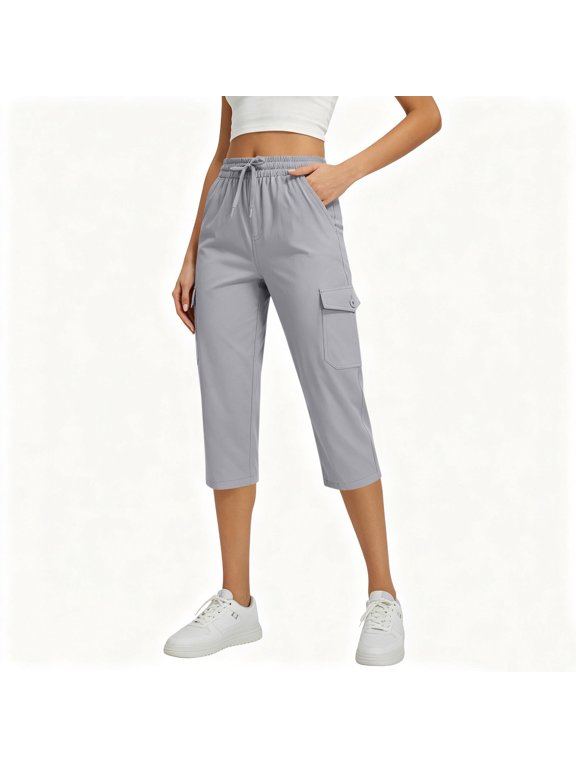 Women's Drawstring Waist Cargo Capris Lightweight Casual Outdoor Work Cropped Trousers Gray S
