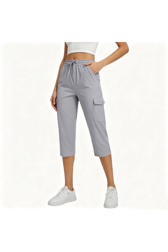 Women's Drawstring Waist Cargo Capris Lightweight Casual Outdoor Work Cropped Trousers Gray S