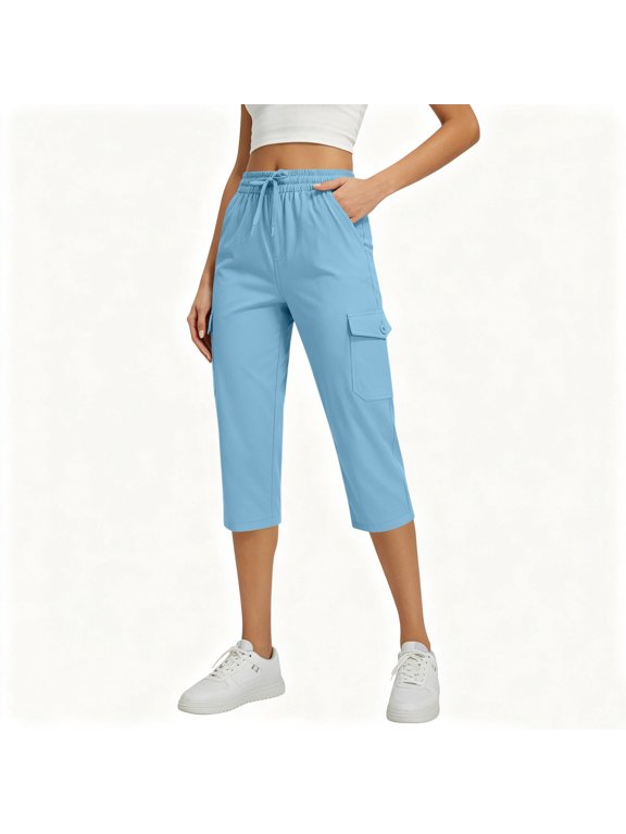 Women's Drawstring Waist Cargo Capris Lightweight Casual Outdoor Work Cropped Trousers Light Blue S