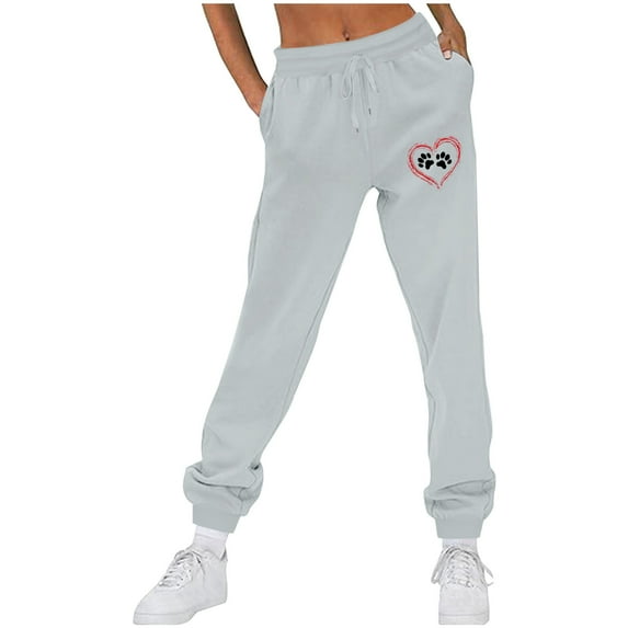 Women's Drawstring Waist Dog Paw Heart Print Sweatpants Fleece Jogger Baggy Lounge Pants with Pockets