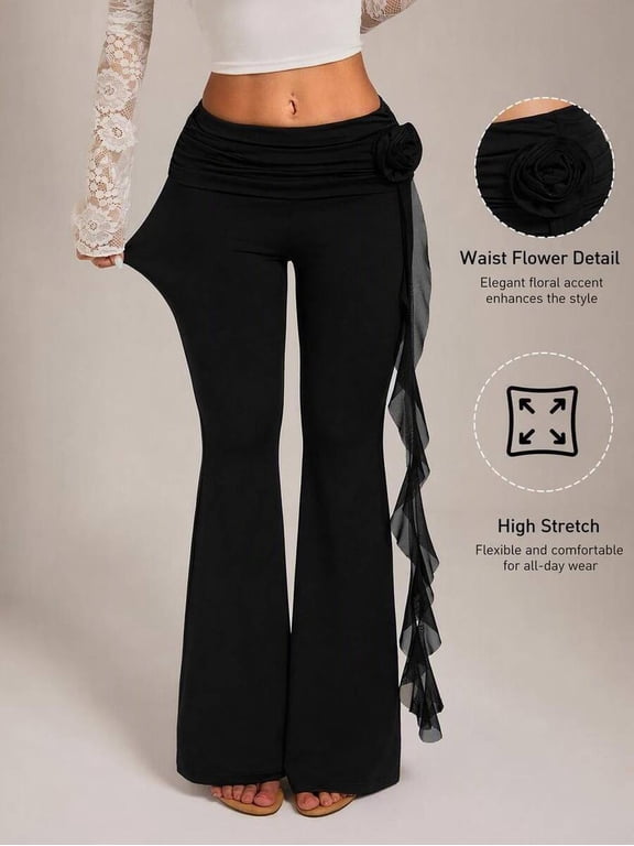 Women's Drawstring Waist Flare Pants, Side Ruffle Flower Detail Fitted Trousers for Party, Date Night & Club Wear