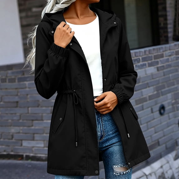 Women's Drawstring Waist Hooded Jackets Mid Length Windbreaker Elastic Cuff Outdoor Waterproof Casual Zip up Coat with Pockets Black Cardigan Sweaters for Women Lightweight L