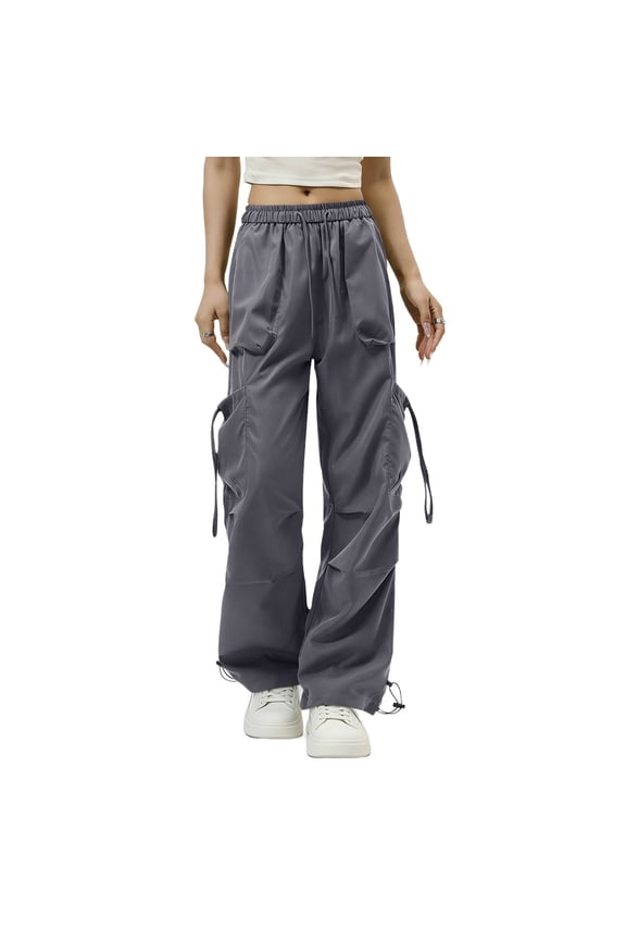 Women's Drawstring Waist Multi-Pocket Cargo Pants Side Straps Loose Wide Leg Casual Trousers Lightweight Breathable Solid Outdoor Sports Pants