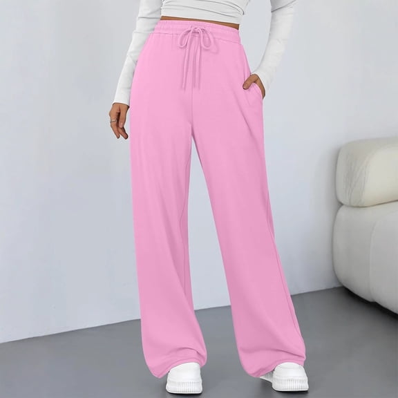 Women's Drawstring Waist Pants, Solid Color High Waist Loose Wide Leg Trousers, Adjustable Casual Pants for All-Day Comfort or Travel, Pink - S