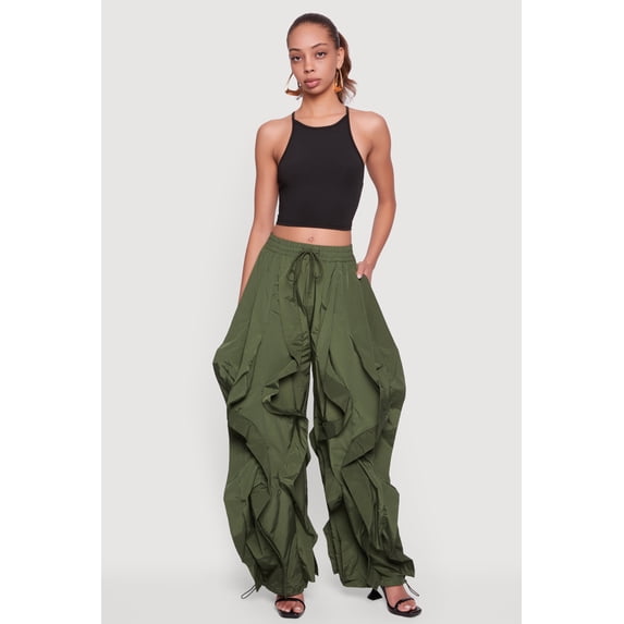 Women's Drawstring Waist Ruffle Parachute Pants