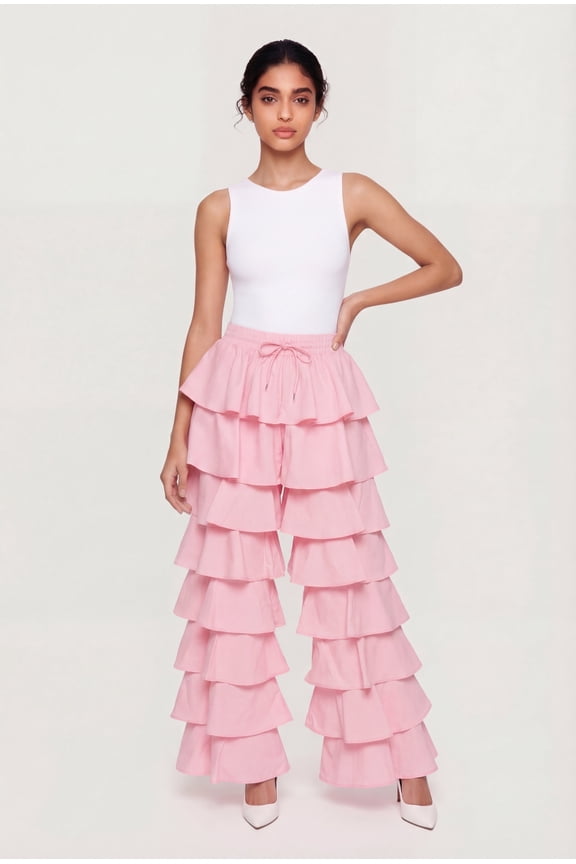 Women's Drawstring Waist Ruffle Tiered Casual Pants