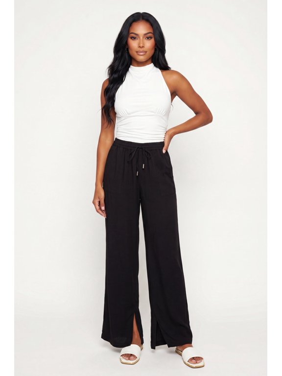 Women's Drawstring Waist Side Slit Wide Leg Pants