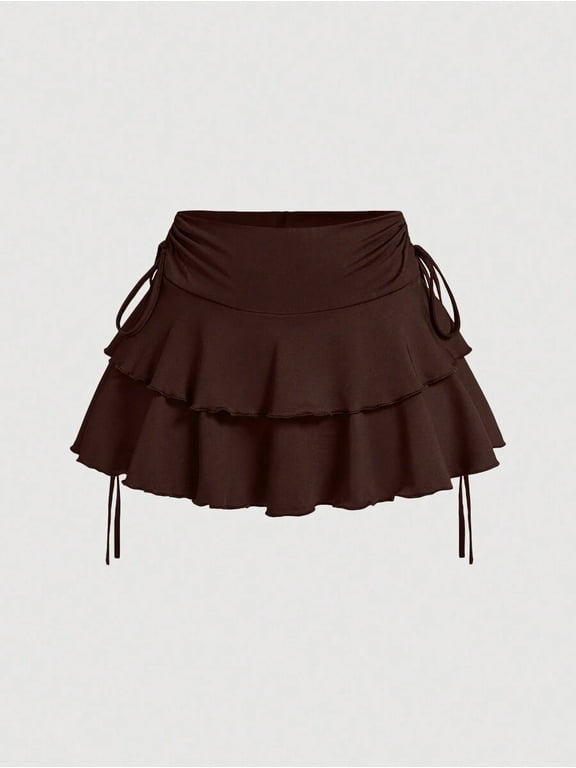 Women's Drawstring Waist Skirt, Ruched High Waist Mini Skirt with Ruffle Hem and Tiered Layer, Fitted Regular Fit Bottoms for Commute and Daily Wear