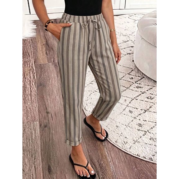 Women's Drawstring Waist Striped Trousers, Tapered Loose Fit Pants with Pockets for Going Out & Casual Wear