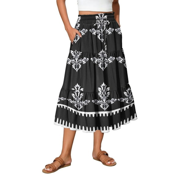 Women's Drawstring Waist Tiered Floral Pleated Skirt - Lightweight Long Boho Skirt for Vacations, Resort Wear, and Everyday Summer Outfits,Black S