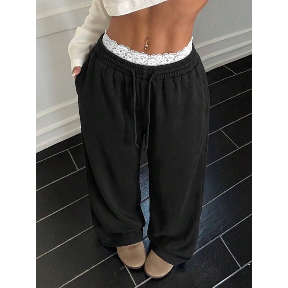 Women's Drawstring Waist Wide Leg Pants, Elastic Waist Loose Fit Trousers with Slant Pockets & Lace Trim for Everyday & Casual Wear