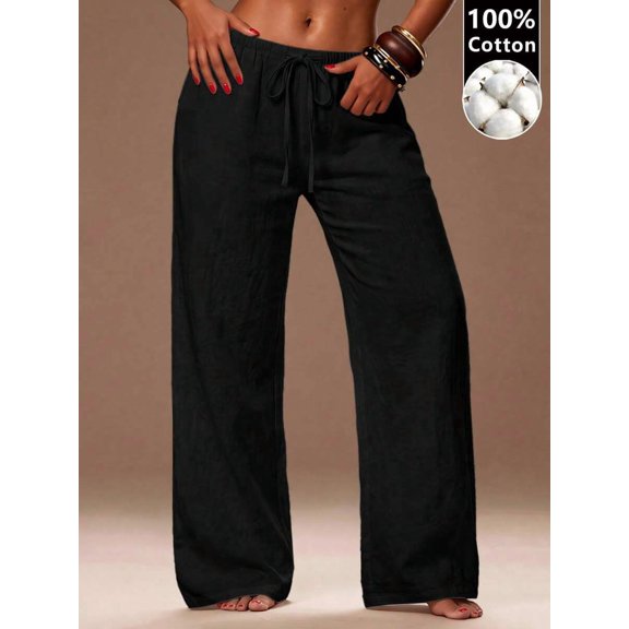 Women's Drawstring Waist Wide Leg Pants, Flowy Loose Fit Trousers for Vacation, Beach, Office, Everyday & Casual Wear