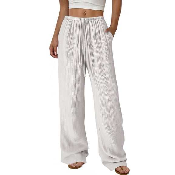 Women's Drawstring Waist Wide Leg Pants Low Rise Beach Holiday Loose Trousers with Pockets