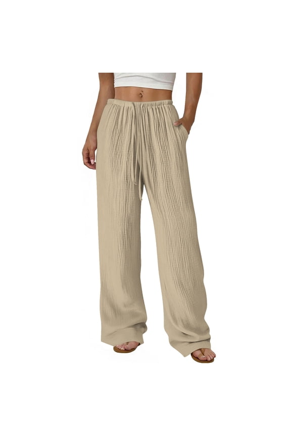 Women's Drawstring Waist Wide Leg Pants Low Rise Beach Holiday Loose Trousers with Pockets