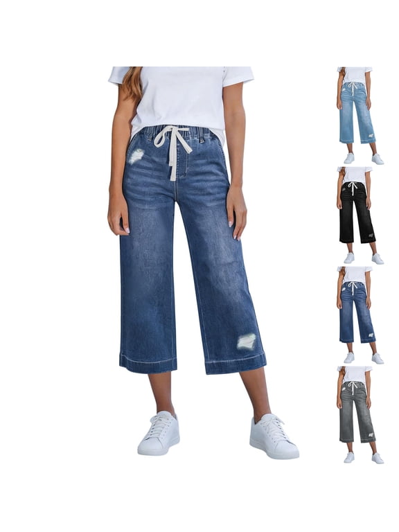 Women's Drawstring Wide Leg Capri Jeans High Waisted Stretchy Pull On Baggy Capris Casual Summer Y2K Cropped Denim Pants, L