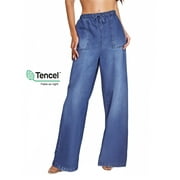 PAOLA RIBONI Women's Drawstring Wide Leg Jeans High Waisted Loose Fit Denim Pants Polyester