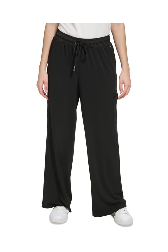 Women's Drawstring Wide-Leg Pull-On Cargo Pants Black M