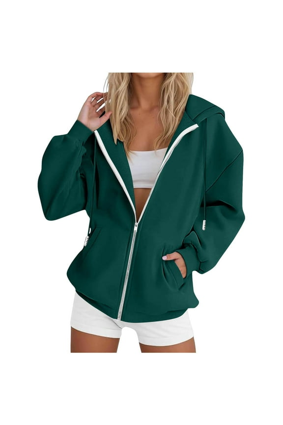 Women's Drawstring Zip Up Hoodies Fall Fashion Vintage Y2K Oversized Fleece Lined Sweatshirt with Pockets Casual Streetwear