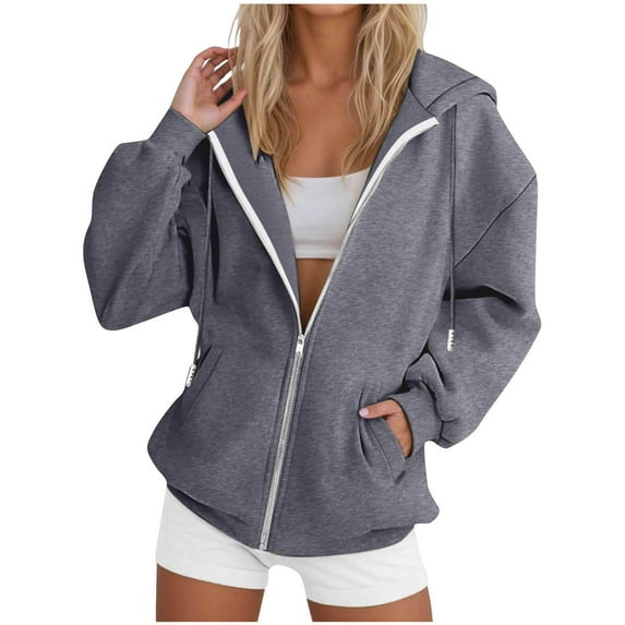 Women's Drawstring Zip Up Hoodies Fall Fashion Vintage Y2K Oversized Fleece Lined Sweatshirt with Pockets Casual Streetwear