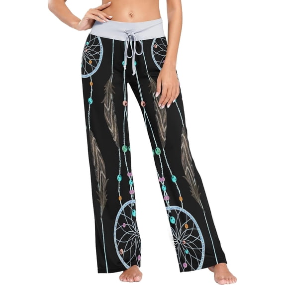 Women's Dreamcatcher Bohemian Feather Pajama Pants, Casual Pajama Bottoms Lounge Pants Wide Leg