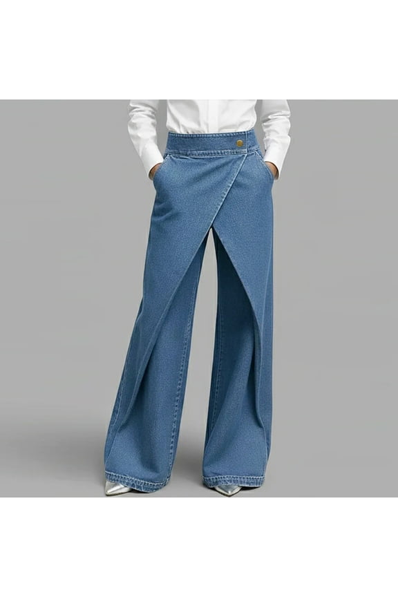 Women's Dreesy Straight Leg Jeans Elegant High Waisted Loose Fit Business Casual Wrap Denim Trousers Blue 2XL