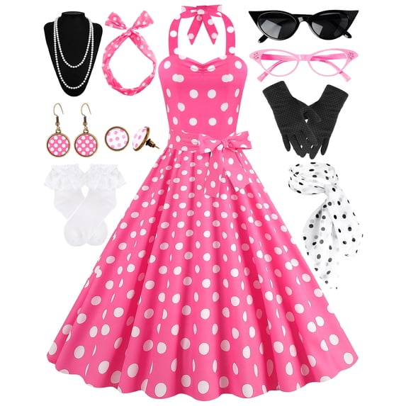 Women's Dress 1950s Polka Dress Set Audrey Vintage-Inspired Cocktail Halter Swing Dress with Accessories 10PCS