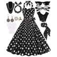 thumbnail image 1 of Women's Dress 1950s Polka Dress Set Audrey Vintage-Inspired Cocktail Halter Swing Dress with Accessories 10PCS, 1 of 8