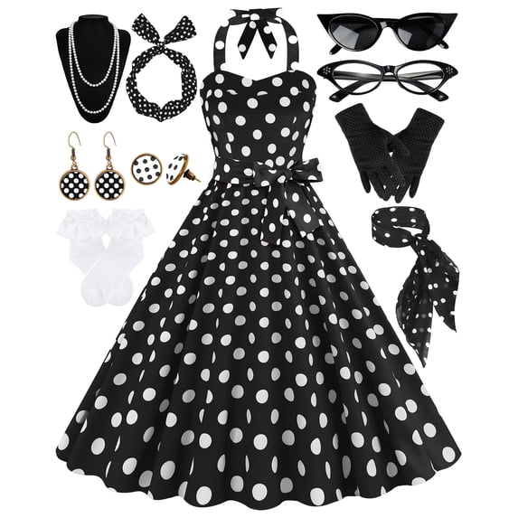 Women's Dress 1950s Polka Dress Set Audrey Vintage-Inspired Cocktail Halter Swing Dress with Accessories 10PCS