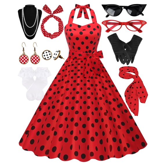 Women's Dress 1950s Polka Dress Set Audrey Vintage-Inspired Cocktail Halter Swing Dress with Accessories 10PCS