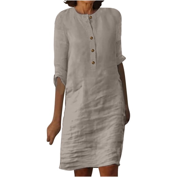 Women's Dress, 3/4 Sleeve Midi Dress with Round Neck and Button Front, Soft Casual Polyester Dress for Daily Wear